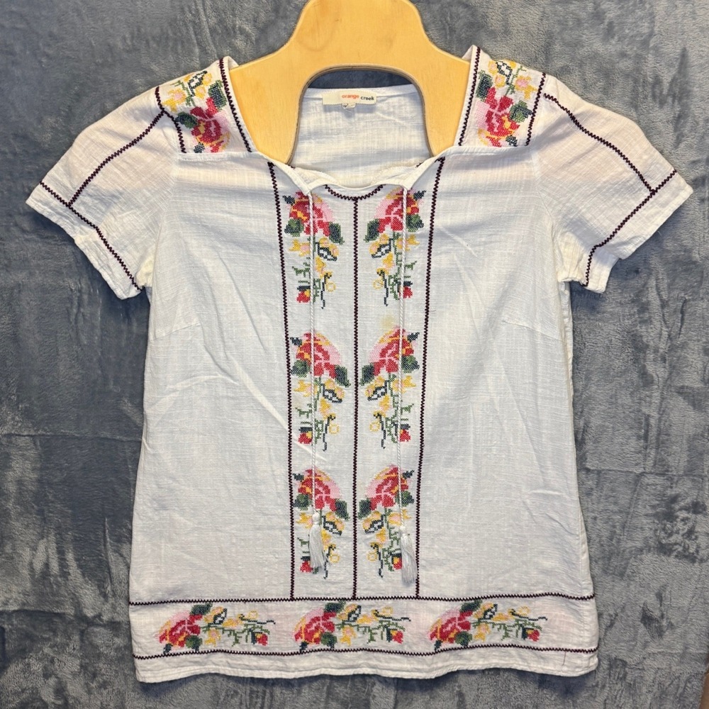 2170 | Orange Creek Boho Embroidered Cotton Floral Peasant Top White Womens L
